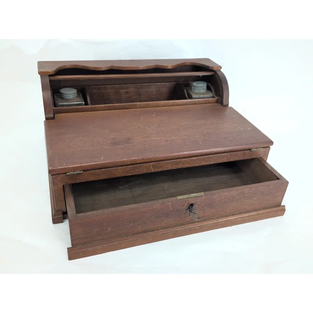 Antique Travel Desk Lap Writing Box Tambour Rolltop With Key And Glass Inkwell